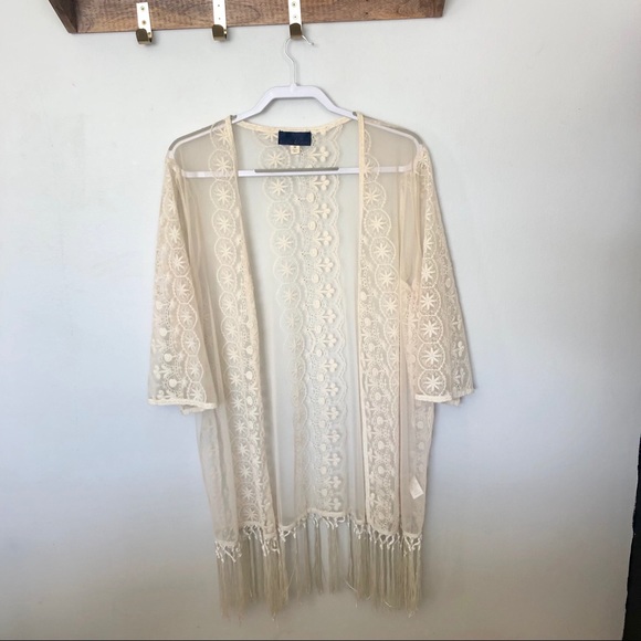 Blue Rain Tops - Blue Rain cream lace kimono